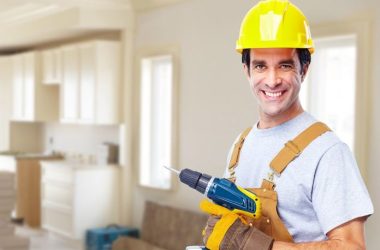 Construction worker in  new house. Renovation background.